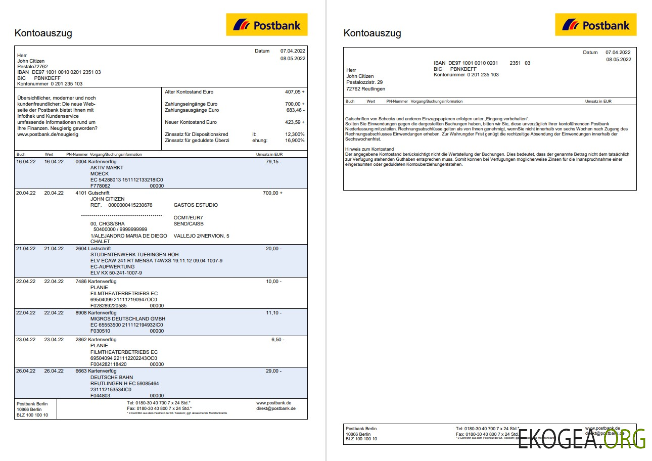Relevé de la Postbank allemande 2 pages